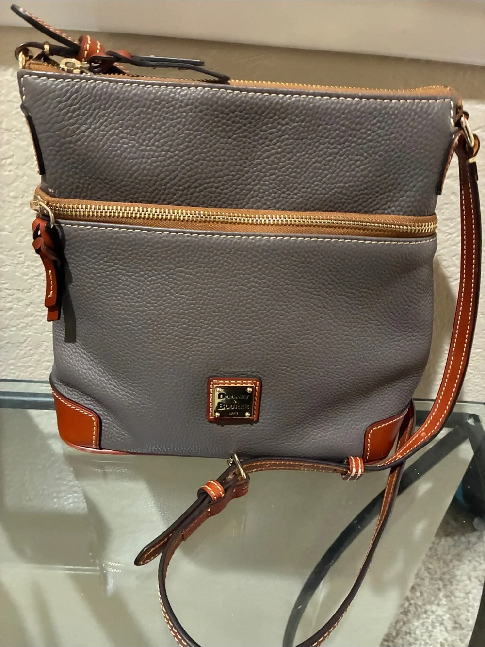Dooney & Bourke Gray pebble leather Crossbody Bag with Brown Trim